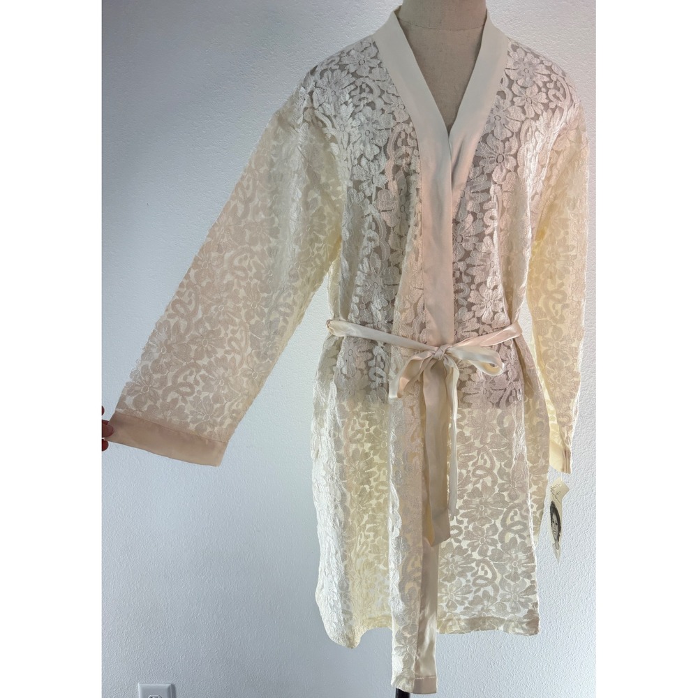Vintage 90s Kathie Lee Floral Lace Robe Semi-Sheer Satin Trim Bridal Ivory NWT